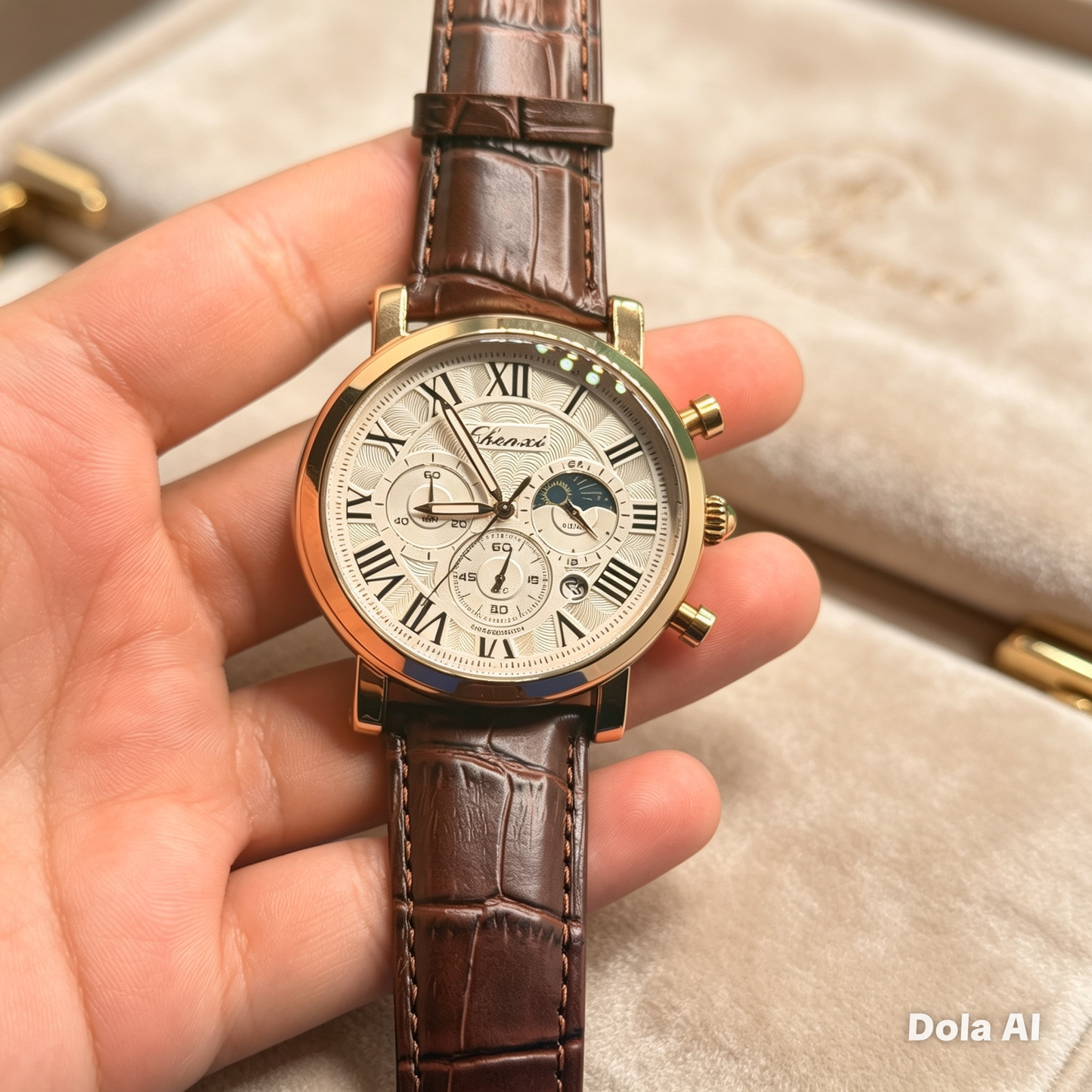Elegant Men’s Luxury Moonphase Leather Watch – Rose Gold | Classic Business Dress Watch