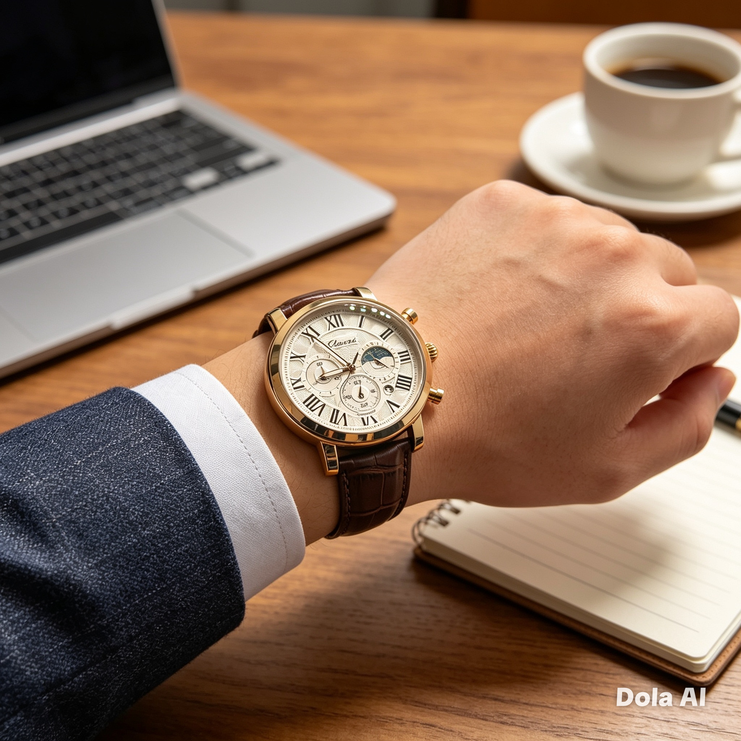 Elegant Men’s Luxury Moonphase Leather Watch – Rose Gold | Classic Business Dress Watch