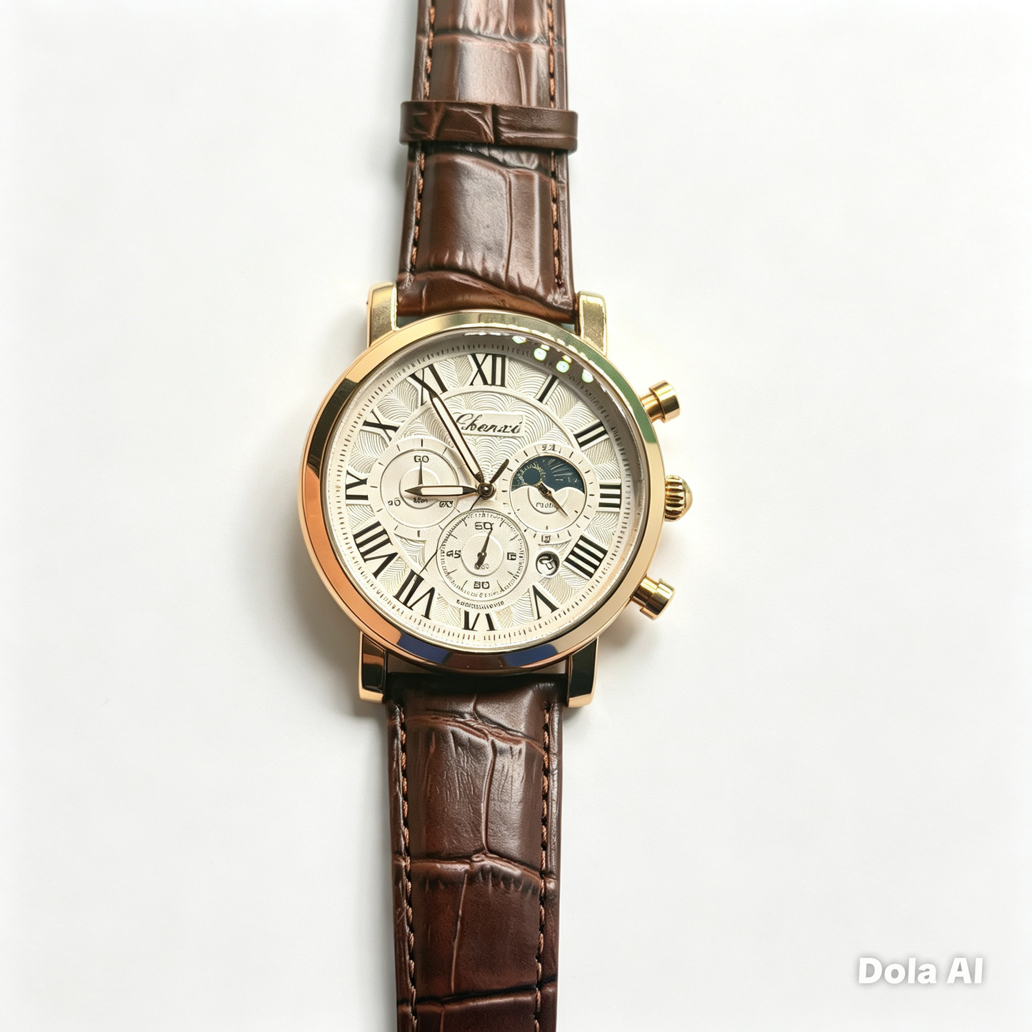 Elegant Men’s Luxury Moonphase Leather Watch – Rose Gold | Classic Business Dress Watch